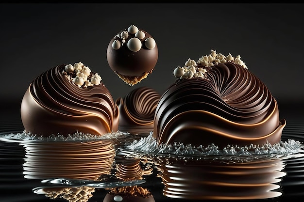 Schokoladen-kreative Splash-Hintergründe. Schokoladenkugel kreatives Design