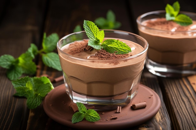 Schokoladen-Mousse-Dessert, garniert mit Minzblatt auf einem Holztisch