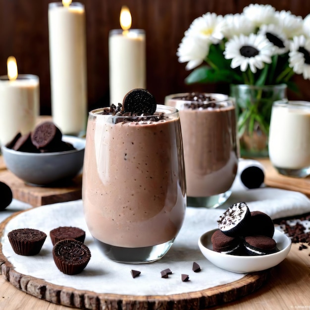 Schokoladen-Oreo-Smoothie mit zerkleinertem Oreo auf weißem Holzgrund