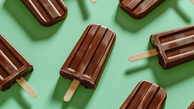 Schokoladen-Popsicles konzentriert sich auf einen in der Mitte gegen den grünen Hintergrund