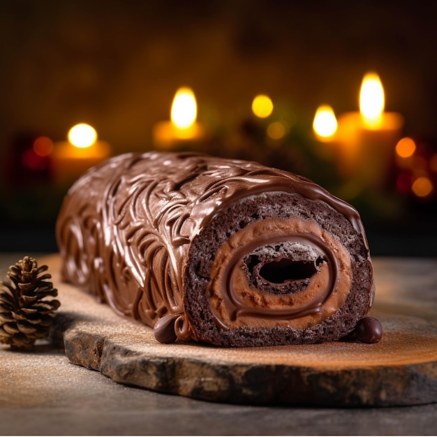Schokoladen-Rollkuchen auf einem Holzbrett mit Kerzen im Hintergrund