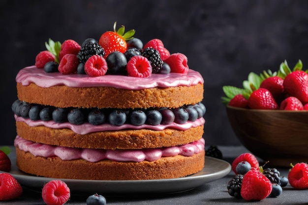 Schokoladen Schwammkuchen mit Himbeeren, Blaubeeren und wilden Brötchen auf einem wunderschönen Teller