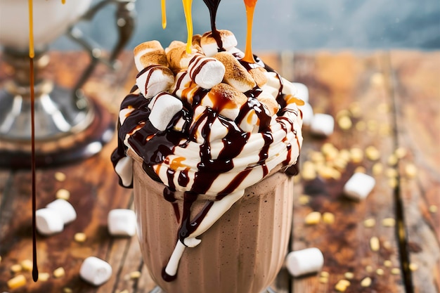 Schokoladen-Shake mit tropfender Soße und Marshmallows