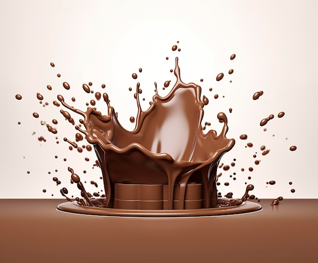 Schokoladen-Splash mit einem Podium-Mockup-Hintergrund für die Darstellung von Milchprodukten 3D Generative KI