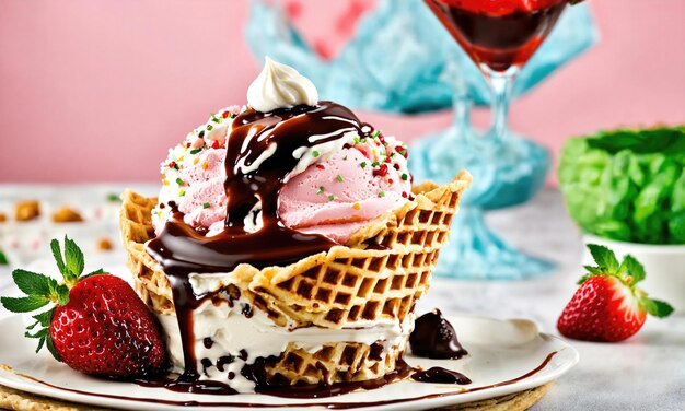 Schokoladen-Trifle mit Erdbeeren und Schlagsahne in einem hohen Glas ai generative