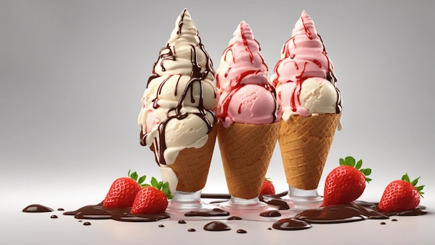 Schokoladen-Vanille- und Erdbeer-Eis auf weißem Hintergrund