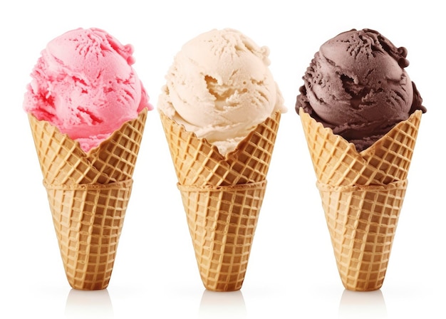 Schokoladen-Vanille- und Erdbeeren-Eiscreme im Kegel auf weißem Hintergrund