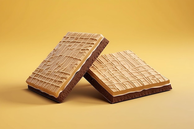 Schokoladen-Wafer-Packungsdesign köstliches Keks-Paket-Design isoliert auf gelbem Hintergrund in 3D-Illustration