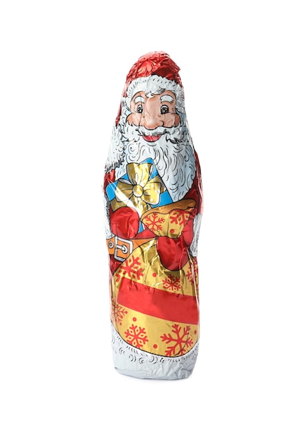 Schokoladen-Weihnachtsmann in Folienverpackung, isoliert auf weiss