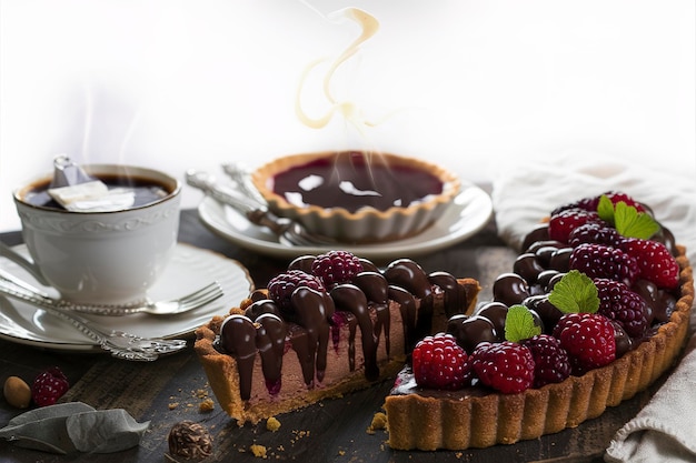 Schokoladenblackberry-Torte mit einer Tasse Kaffee