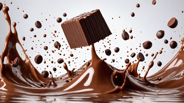 Foto schokoladenblöcke spritzen in einen flüssigen schokoladenausbruch. generiert mit ki