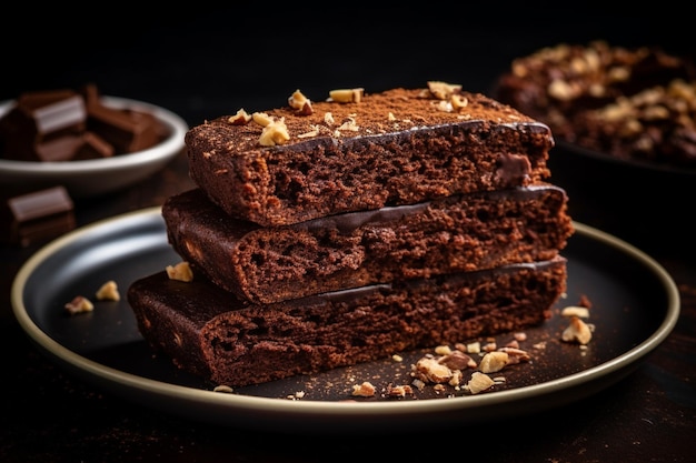 Schokoladenbrownie-Kuchen auf einem Teller mit hausgemachten Gebäckstücken