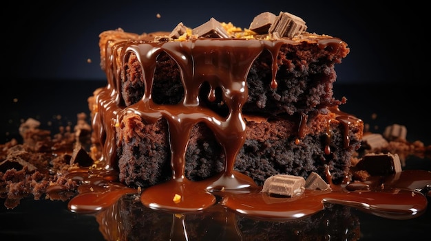 Schokoladenbrownies gefüllt mit geschmolzener süßer Schokolade auf schwarzem Hintergrund und Unschärfe