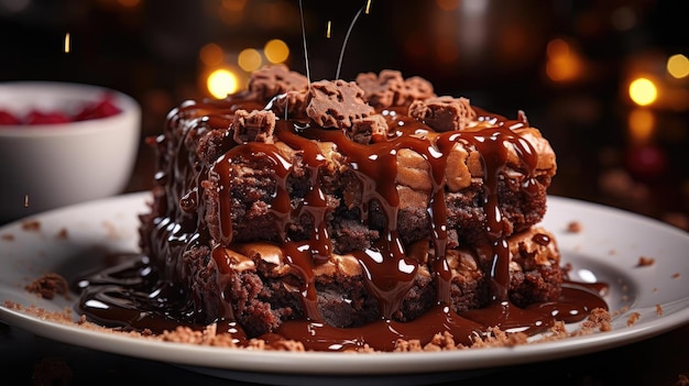 Foto schokoladenbrownies gefüllt mit geschmolzener süßer schokolade auf schwarzem hintergrund und verschwommen