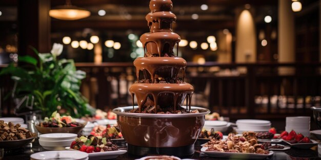 Schokoladenbrunnen für eine Party geschmolzenes Schokoladen Dessert Essen Konzept