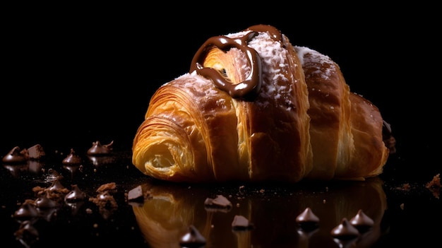 Schokoladencroissant auf schwarzem Hintergrund, KI generiert