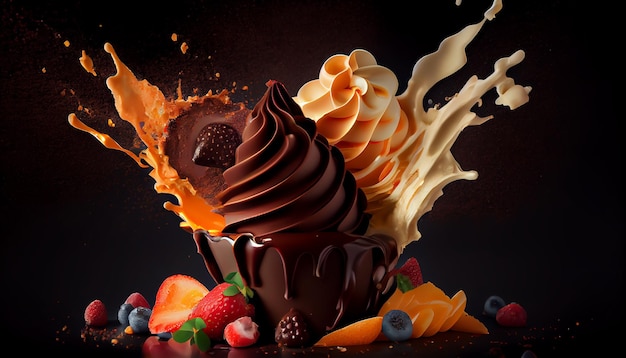 Schokoladendessert kombiniert mit Früchteexplosion
