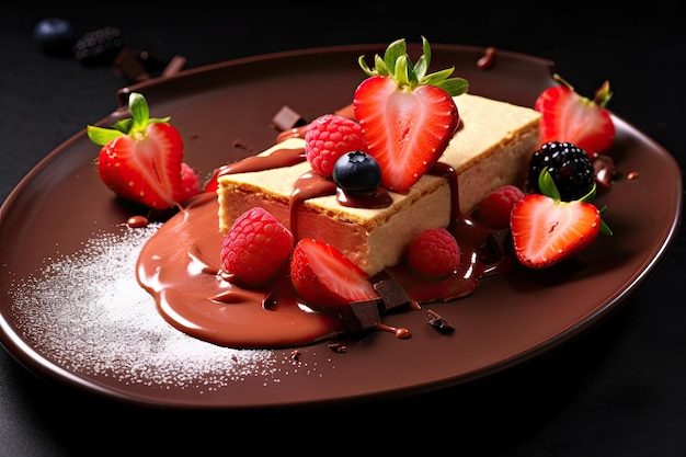 Schokoladendessert mit Erdbeeren und Früchten