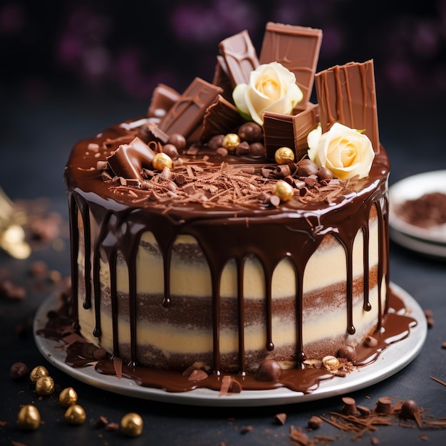 Schokoladenglasurkuchen mit Schokolade und Blumen