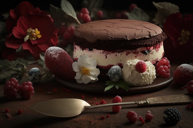 Schokoladenkeks mit Sahne und Beeren für festlichen Feiertagskuchen mit rotem Samt, der mit Generika erstellt wurde