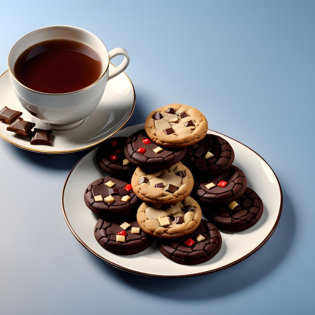 Schokoladenkekse mit einer Tasse Tee auf blauem Hintergrund