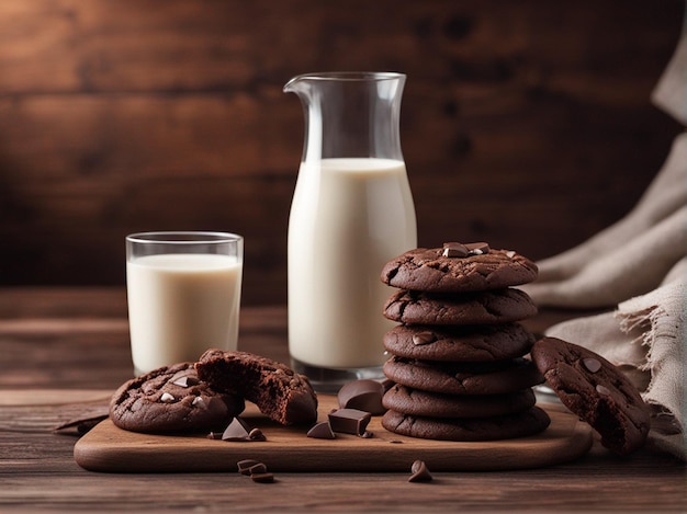 Schokoladenkekse mit Glas Milch auf Holztisch-Food-Fotografie