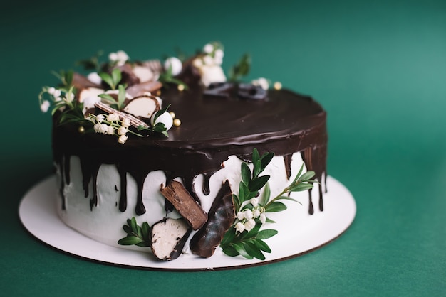 Schokoladenkuchen auf grünem Hintergrund