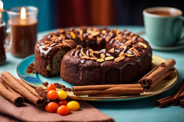 Schokoladenkuchen, geschmückt mit Schokoladenchips