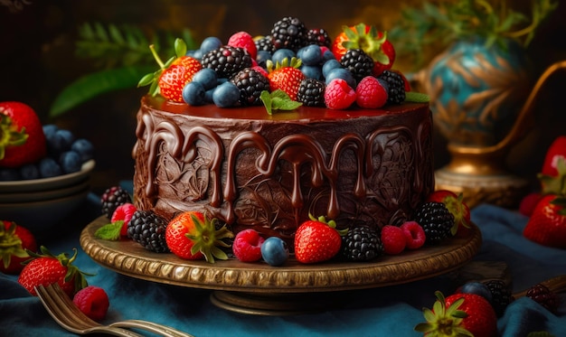 Schokoladenkuchen mit Beeren und Schokoladenglasur auf einem Goldtablett. Generative KI