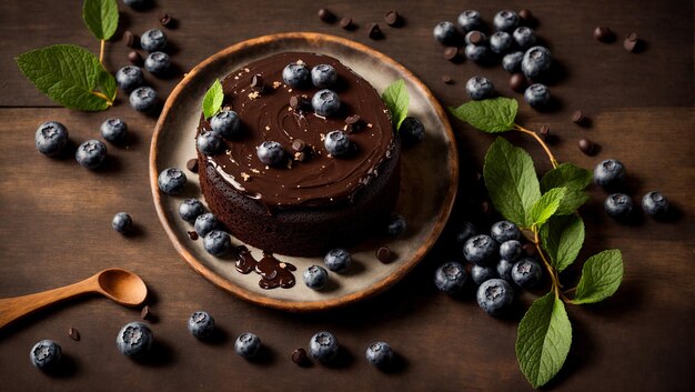 Schokoladenkuchen mit Blaubeeren in der Küche