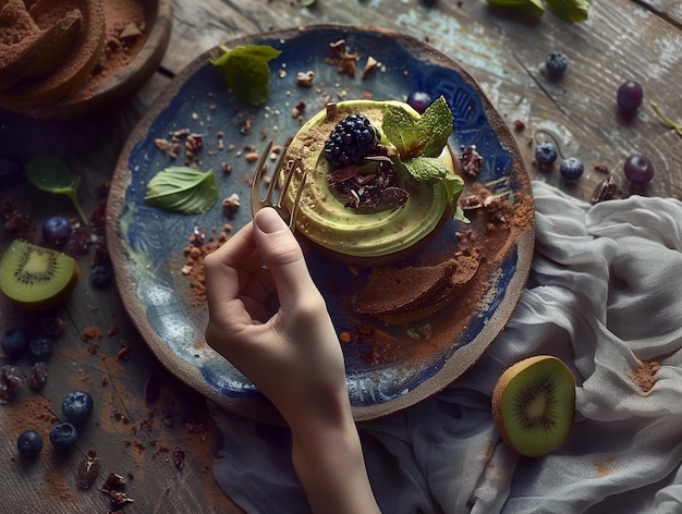Schokoladenkuchen mit Blaubeeren und Kiwi auf einem hölzernen Hintergrund