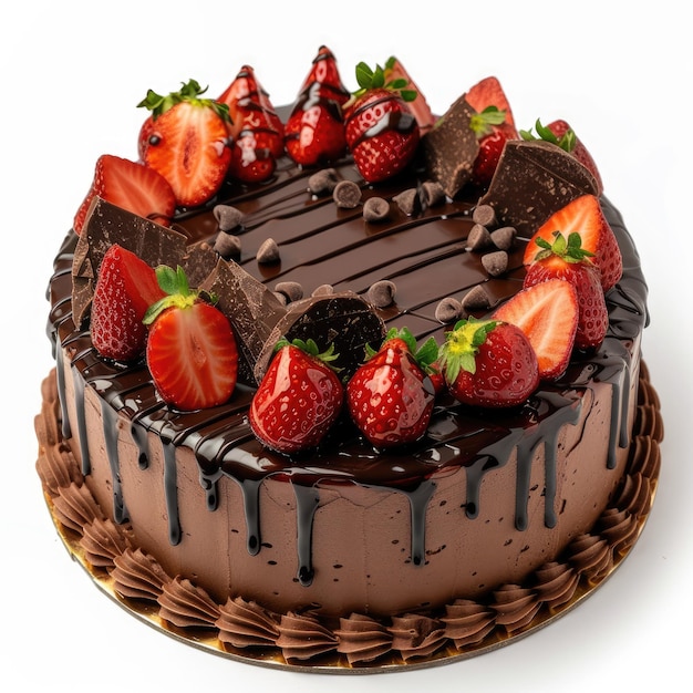Schokoladenkuchen mit Erdbeeren auf Weiß