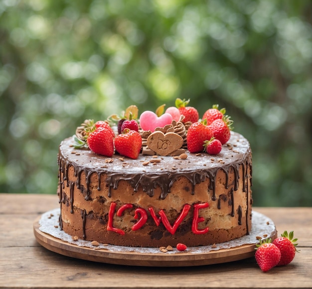 Schokoladenkuchen mit Erdbeeren und Herzen auf einem Holztisch