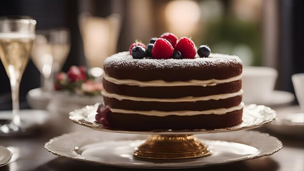 Schokoladenkuchen mit frischen Beeren auf der Oberseite in Nahaufnahme