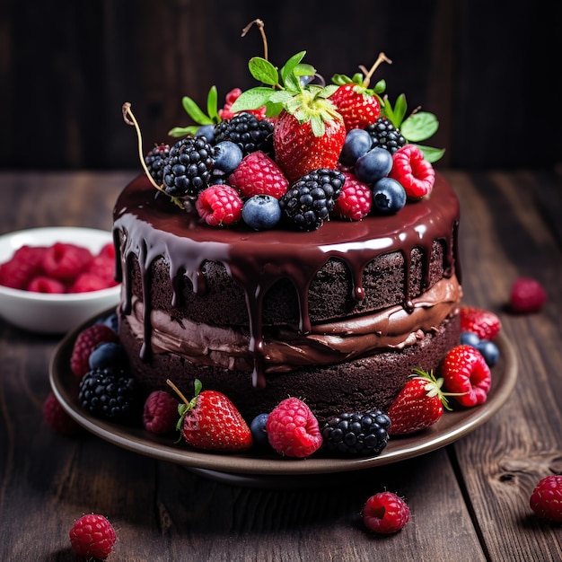 Schokoladenkuchen mit frischen Beeren auf Teller auf Holztisch