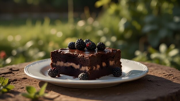 Foto schokoladenkuchen mit frischen brötchen im sommergarten hausgemachtes süßes gebäck