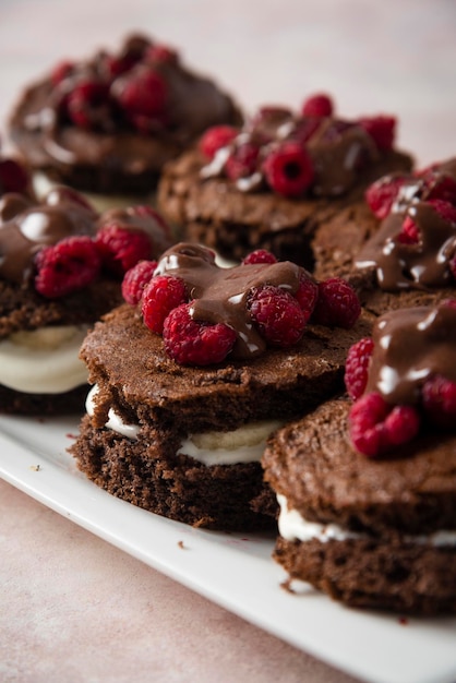 Schokoladenkuchen mit Himbeere auf weißem Hintergrund