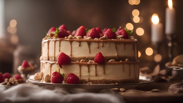 Schokoladenkuchen mit Himbeeren und Nüssen auf dunklem Hintergrund