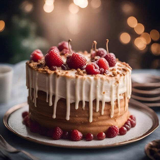 Schokoladenkuchen mit Himbeeren und Schlagsahne mit selektiver Konzentration