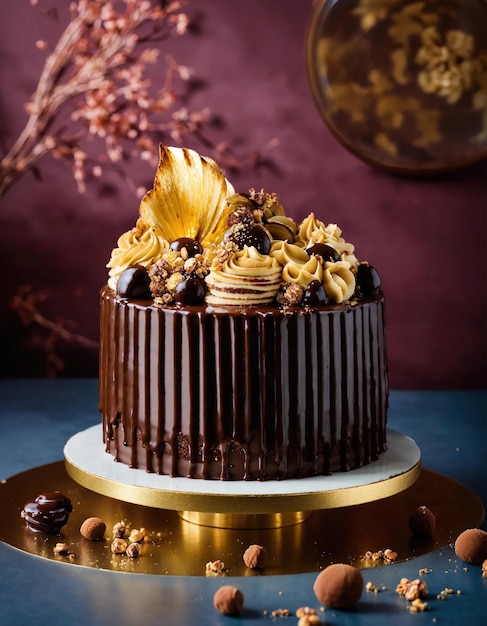 Schokoladenkuchen mit Schlagsahne und frischem Obst auf dunklem Hintergrund ai generativ