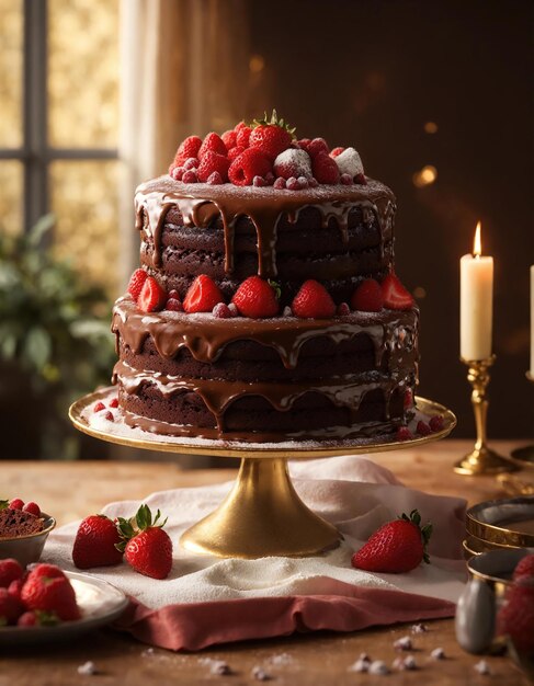 Schokoladenkuchen mit Schlagsahne und frischem Obst auf dunklem Hintergrund ai generativ