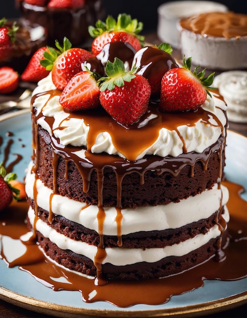 Schokoladenkuchen mit Schlagsahne und frischem Obst auf dunklem Hintergrund ai generativ