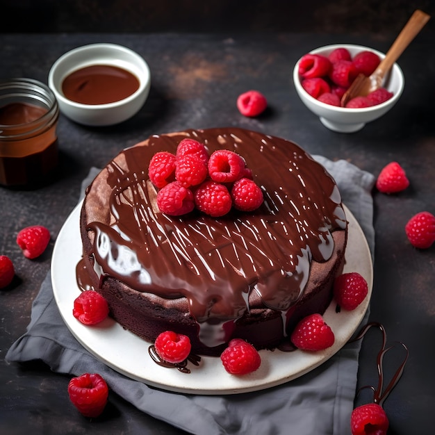 Schokoladenkuchen mit Schokoladenbelag und Himbeerbeere