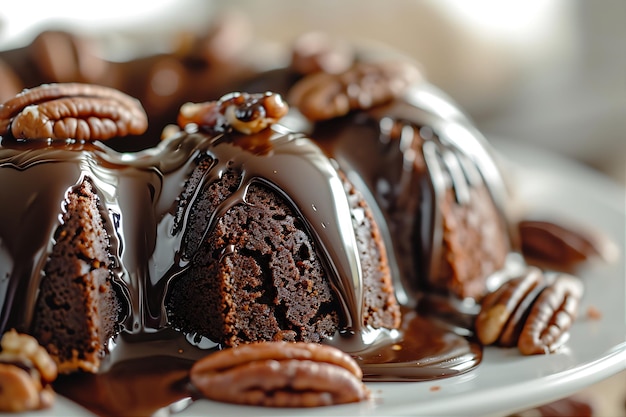 Schokoladenkuchen mit Schokoladensirup und Pekanköken