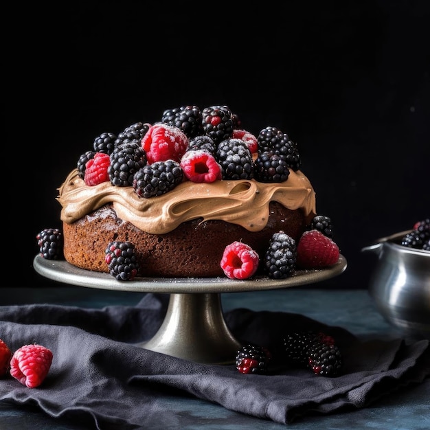 Schokoladenkuchen mit Schwarzbeeren und Himbeeren auf dunklem Hintergrund
