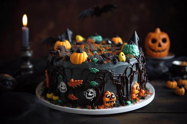 Schokoladenkuchen mit schwarzen Geisterfledermäusen zu Halloween