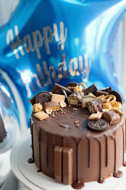 Schokoladenkuchen mit Süßigkeiten und Ballon