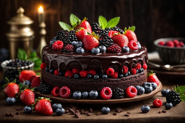 Schokoladenkuchen mit Waldobst, Blaubeeren, Erdbeeren und Brombeeren