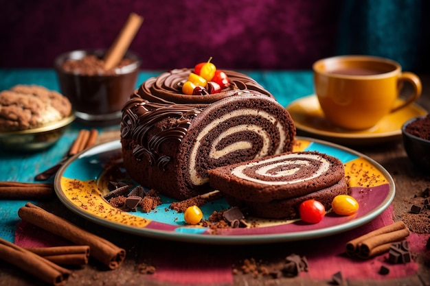 Schokoladenkuchenkekse und Zimtstäbchen auf farbenfrohen Teller