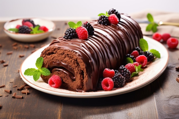 Schokoladenkuchenrolle auf dem Teller Dunkle Mahlzeit Erzeugen Sie Ai